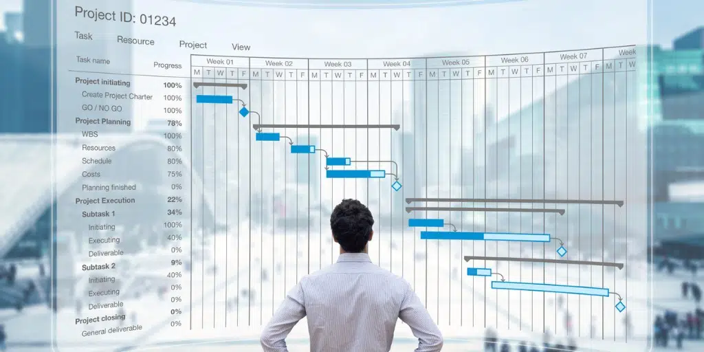 Photo of program manager standing in front of a project gantt chart